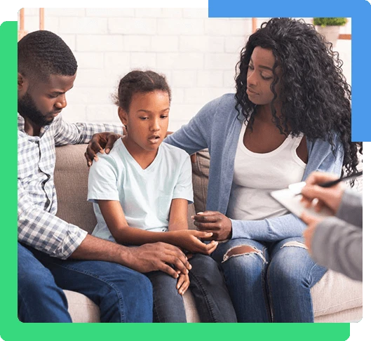 Bipolar Disorder In Children Concept. Little african american girl and her parents at reception of psychologist, kid sharing her feelings with doctor